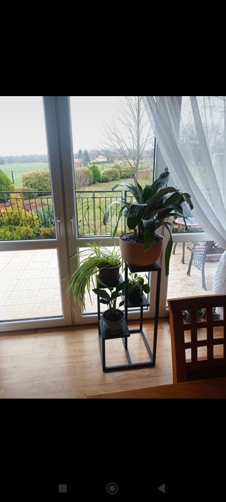 Metalowy kwietnik, czarny, wielopoziomowy, z roślinami doniczkowymi, na tle okna balkonowego z widokiem na ogród. Minimalistyczny design.