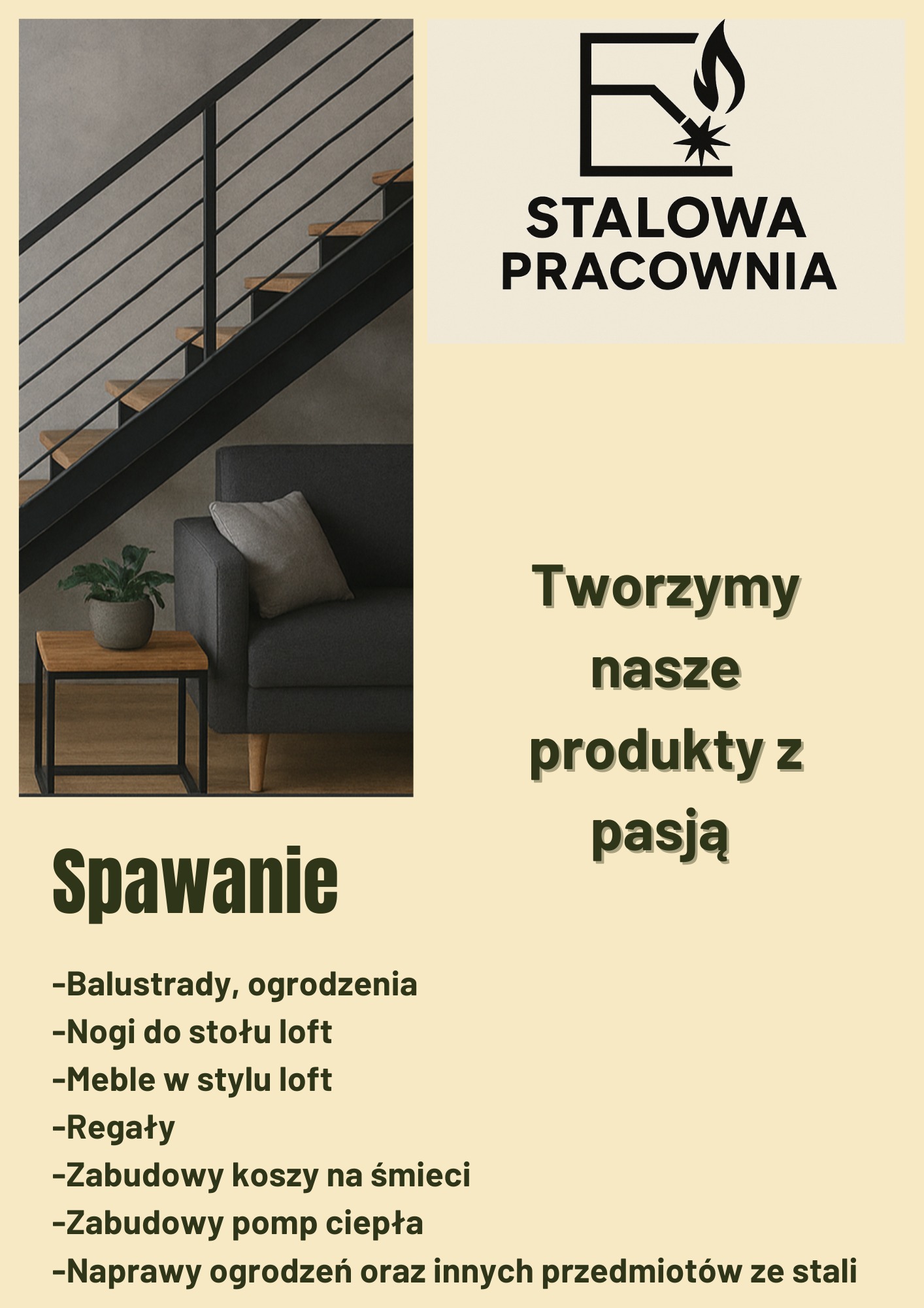 Stalowa balustrada schodowa w stylu loft, widoczna z boku, z elementami drewnianymi. W tle sofa i stolik z rośliną. Logo firmy w prawym górnym rogu.
