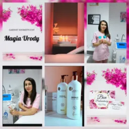 Wnętrze gabinetu kosmetycznego we Wrocławiu: kolaż zdjęć prezentujący logo, wyposażenie, kosmetyki marki Larens, dyplom oraz pracownice w uniformach.