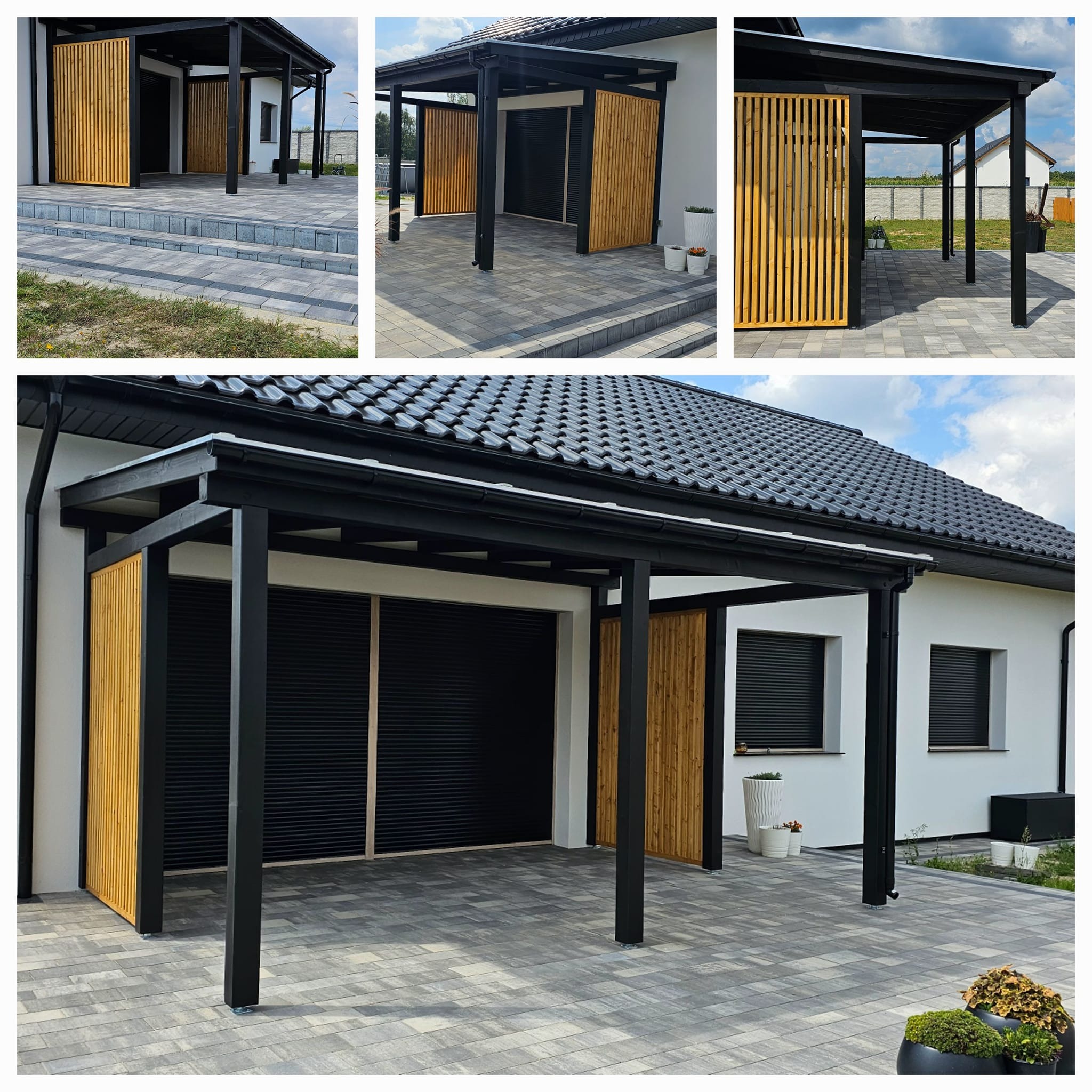 Nowoczesna wiata garażowa z czarną konstrukcją i drewnianymi panelami osłonowymi, dopasowana do elewacji domu z szarymi płytkami na podjeździe.