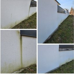 Myjnia Zielona ŁUKASZ KISIELEWSKI - Fragment elewacji budynku z widocznymi zabrudzeniami i śladami porostu glonów, zarys dachu i fragment trawnika w tle.