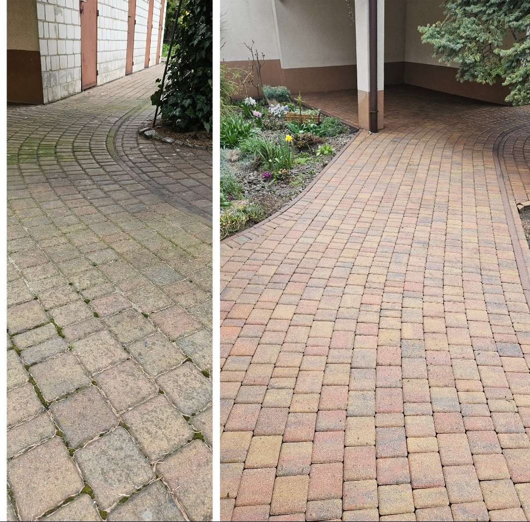 Porównanie stanu kostki brukowej przed i po czyszczeniu: po lewej stronie zielony nalot i zabrudzenia, po prawej odświeżona, czysta powierzchnia z widocznym wzorem i kolorem kostki.