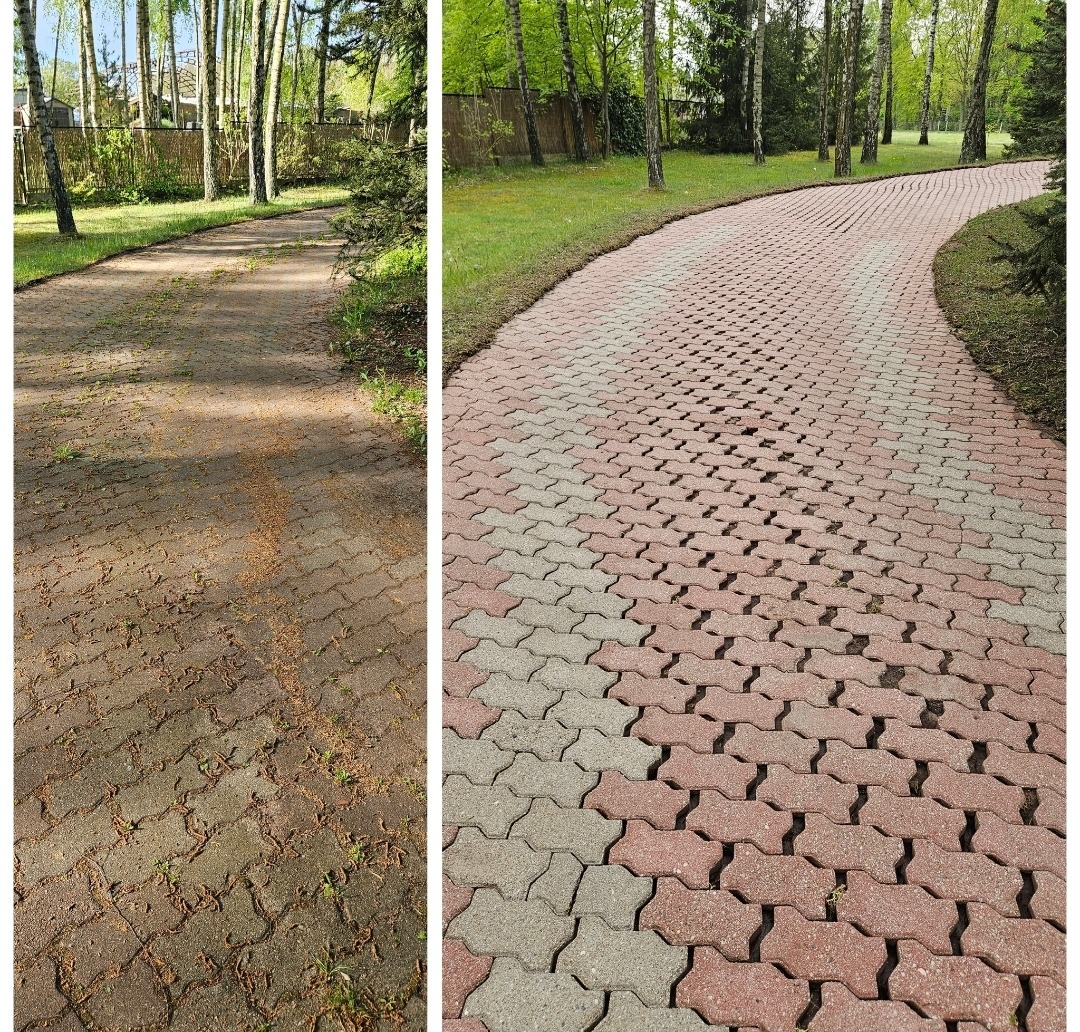 Kostka brukowa przed i po czyszczeniu na ścieżce w parku. Lewa strona brudna, prawa odświeżona, z widoczną różnicą w kolorze i brakiem zanieczyszczeń.