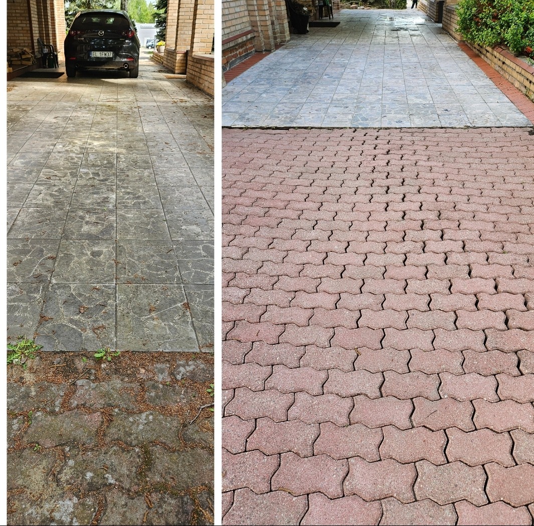 Porównanie stanu kostki brukowej przed i po czyszczeniu. Po lewej stronie brudna kostka, po prawej czysta, czerwona kostka brukowa. Widoczny fragment podjazdu.