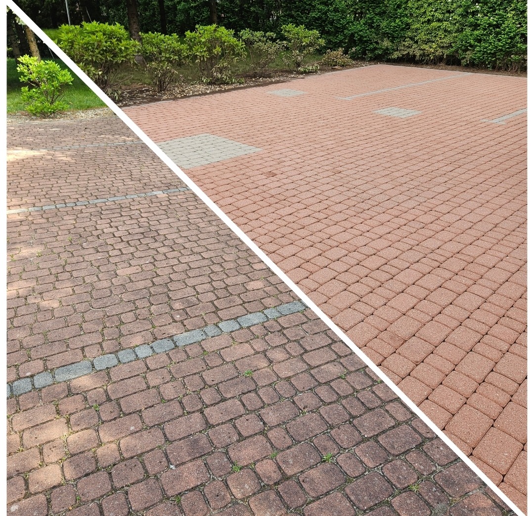 Kostka brukowa: porównanie stanu przed i po czyszczeniu. Lewa strona zabrudzona, prawa świeżo umyta, ukazująca intensywny, czerwony kolor kostki.