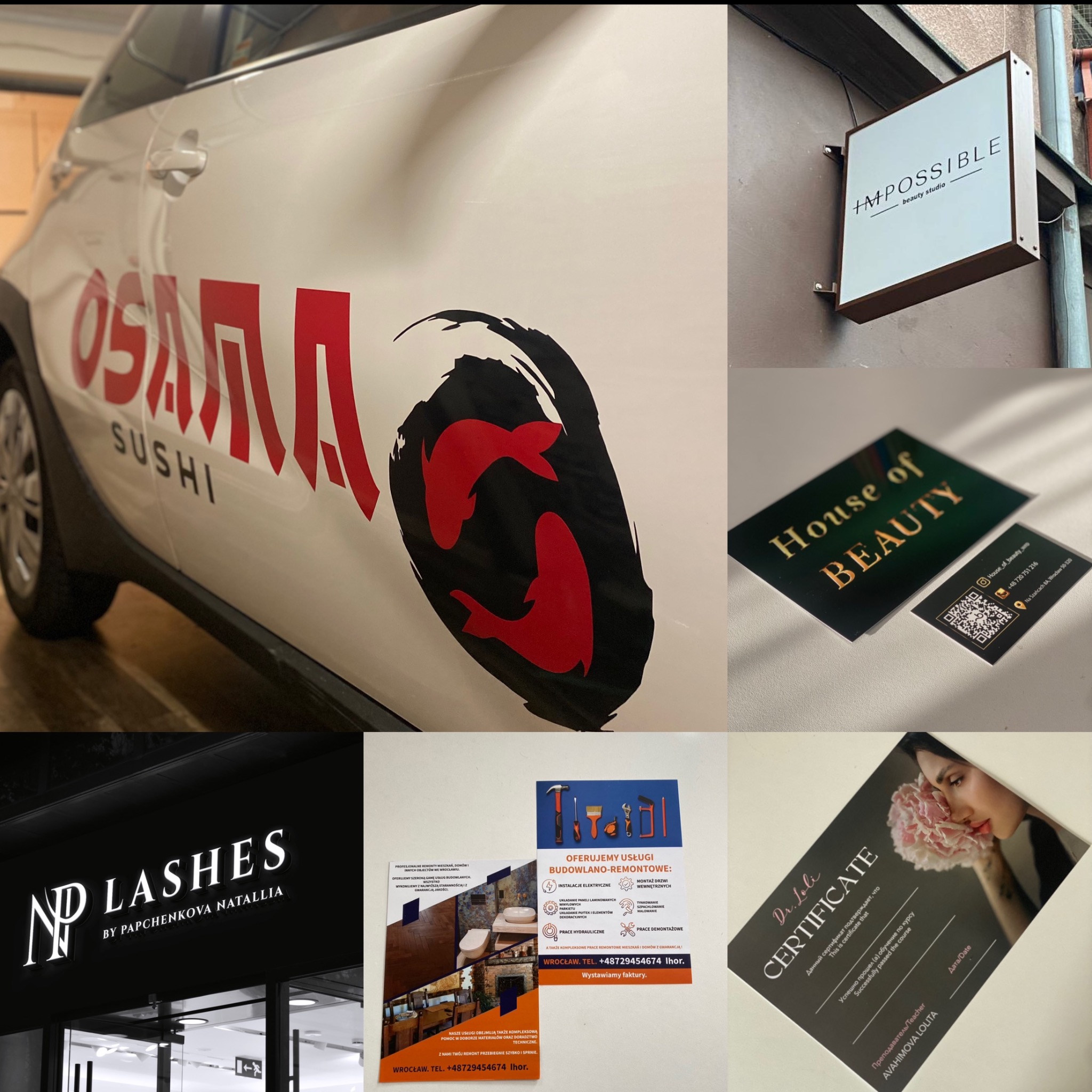 Zestawienie: oklejony samochód sushi, szyld salonu, wizytówki beauty, reklama remontów, certyfikat kursu, logo rzęs. Różnorodne usługi w jednym kadrze.