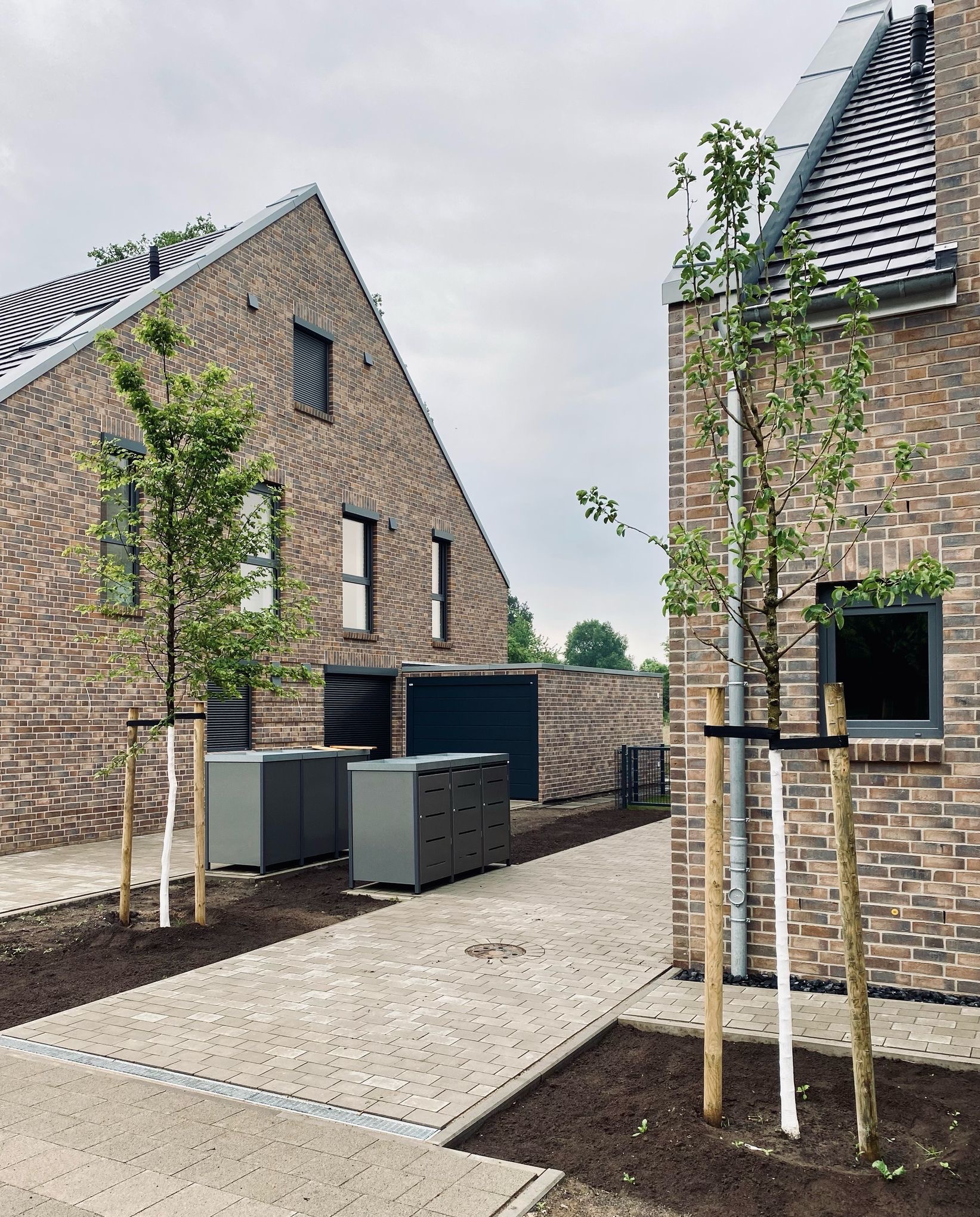Nowoczesna posesja z brukowaną ścieżką, młodymi drzewkami zabezpieczonymi palikami i metalowymi schowkami na paczki przy ceglanych budynkach z szarymi oknami i dachami.