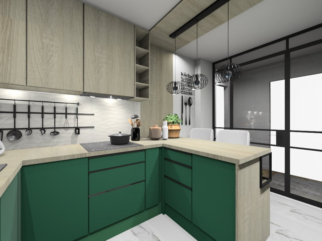 Wizualizacja kuchni z zielonymi frontami szafek, drewnianymi blatami i wiszącymi lampami w stylu industrialnym, część 3.