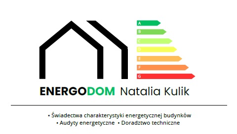 Logo firmy EnergoDom Natalia Kulik z grafiką domu i kolorową skalą efektywności energetycznej, oferującej świadectwa energetyczne, audyty i doradztwo techniczne.