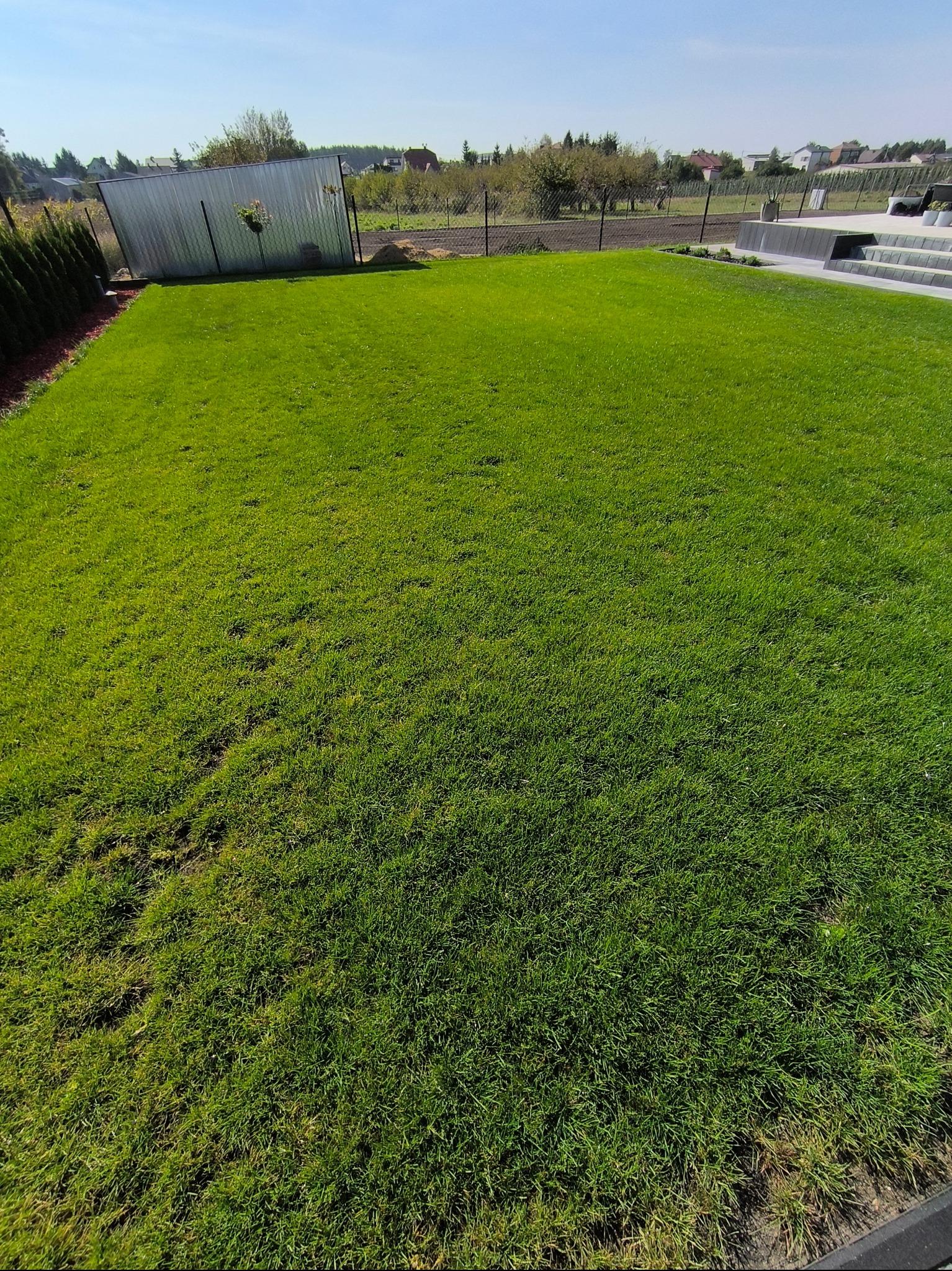 Rozległy trawnik z widocznym systemem nawadniania, ogrodzeniem z siatki oraz elementami architektury ogrodowej w tle, w słoneczny dzień.