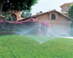 Zraszacze rotacyjne nawadniające trawnik przed domem z czerwonymi kwiatami i garażem w tle.