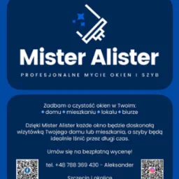 Grafika reklamowa firmy Mister Alister, oferującej profesjonalne usługi mycia okien i szyb w domach, mieszkaniach, lokalach i biurach w Szczecinie i okolicach. Zawiera logo, hasło reklamowe i dane...