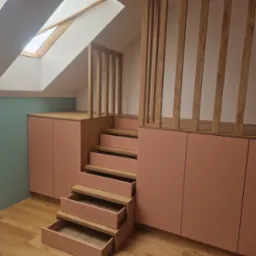 Poddasze z zabudową meblową w odcieniach różu i drewna, schody z szufladami prowadzące na antresolę, pionowe drewniane listwy jako balustrada, okno dachowe.