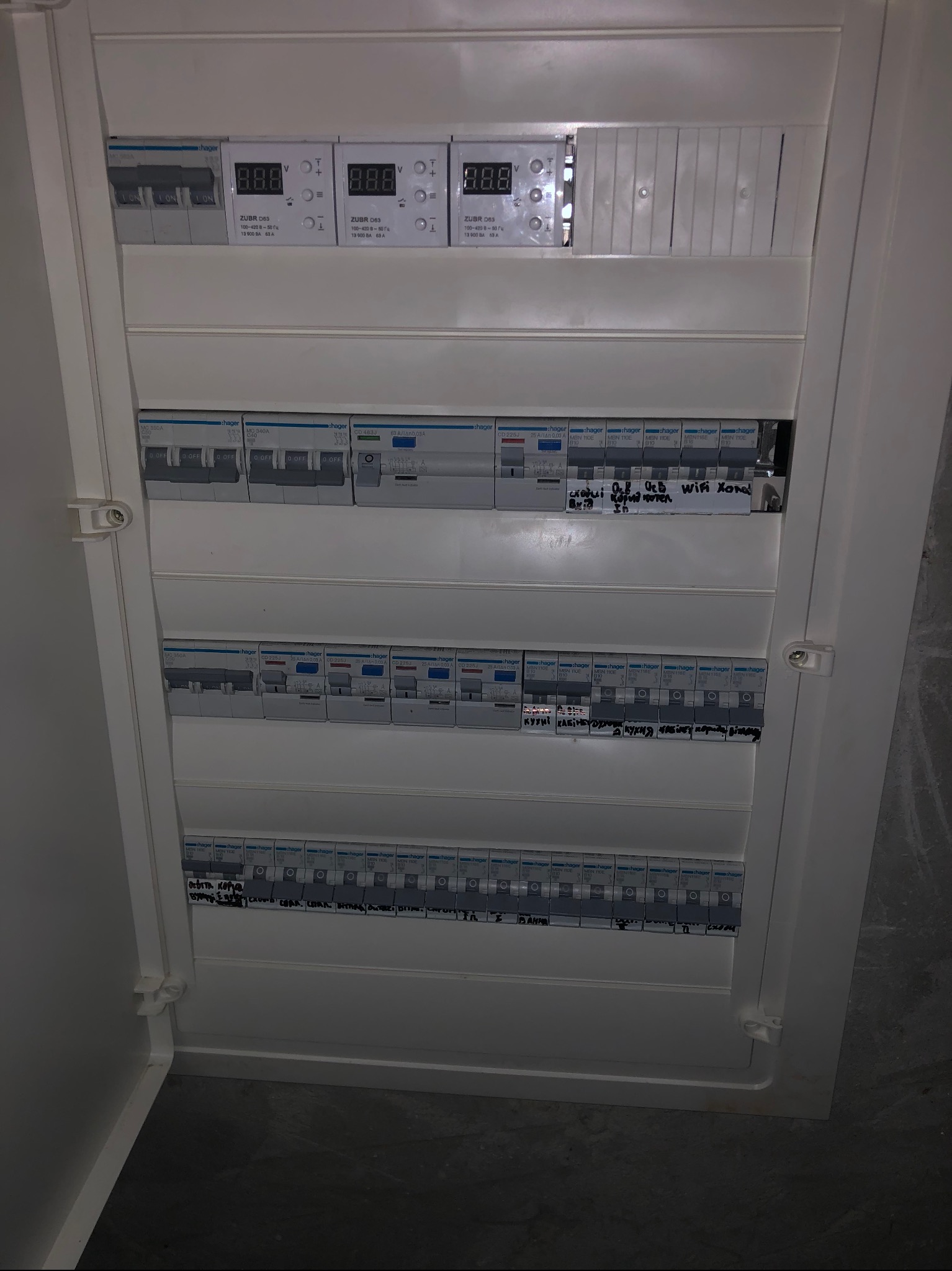 Otwarta skrzynka z zabezpieczeniami elektrycznymi Hager, z opisami obwodów wykonanymi odręcznie na obudowie. Widoczne liczniki energii elektrycznej.