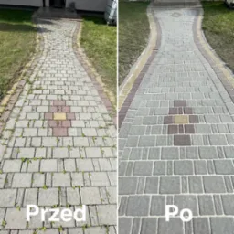 Porównanie stanu kostki brukowej przed i po usunięciu zabrudzeń i chwastów, z widoczną różnicą w kolorze i czystości powierzchni.