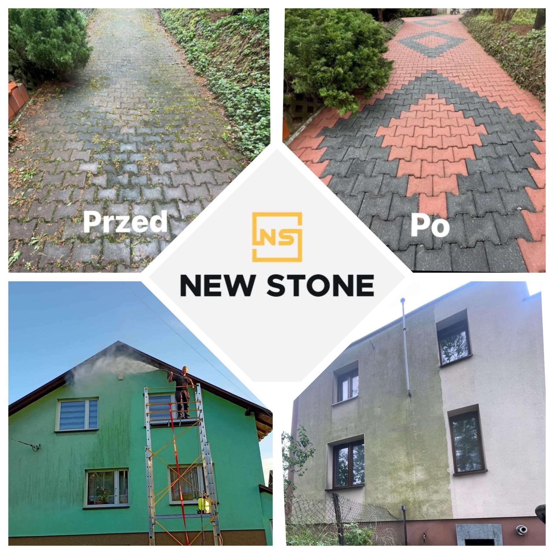 Kompozycja czterech zdjęć prezentujących efekt przed i po: brudna, porośnięta mchem kostka brukowa kontra czysta kostka w kolorze czerwono-szarym; zielona elewacja domu czyszczona myjką ciśnieniową...