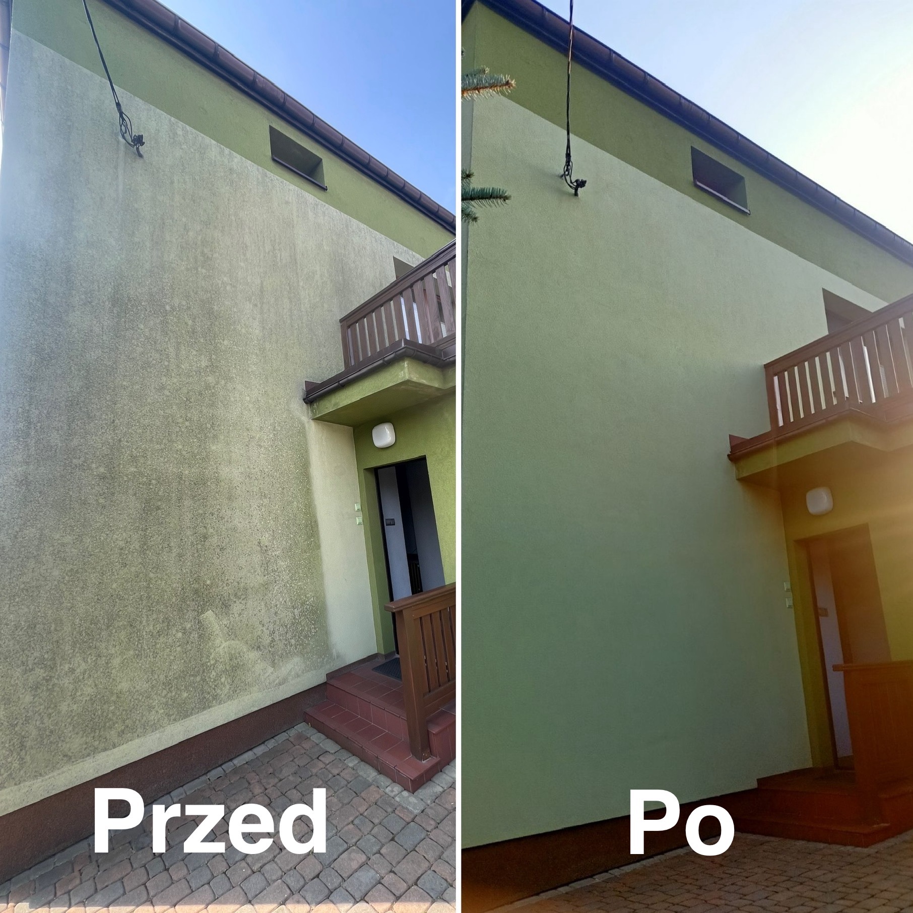 Zdjęcie typu 'przed i po' przedstawiające elewację budynku z zieloną farbą, gdzie lewa strona ukazuje zabrudzoną elewację, a prawa po usunięciu zabrudzeń i odświeżeniu koloru.