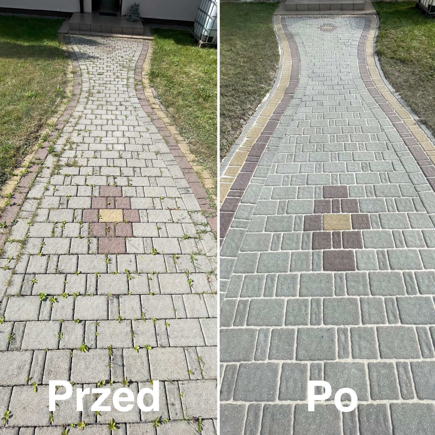 Porównanie stanu kostki brukowej przed i po usunięciu zabrudzeń i chwastów, z widoczną różnicą w kolorze i czystości powierzchni.
