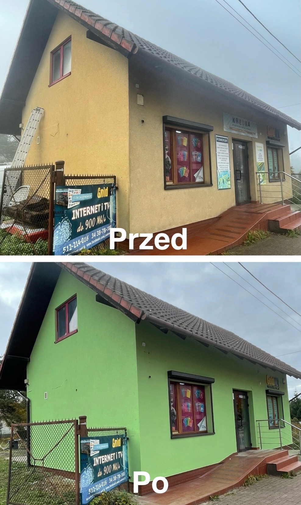 Zdjęcie elewacji budynku przed i po malowaniu na zielono. Widoczny baner reklamowy na ogrodzeniu. Ujęcie z lekkiego ukosa, pochmurne niebo.