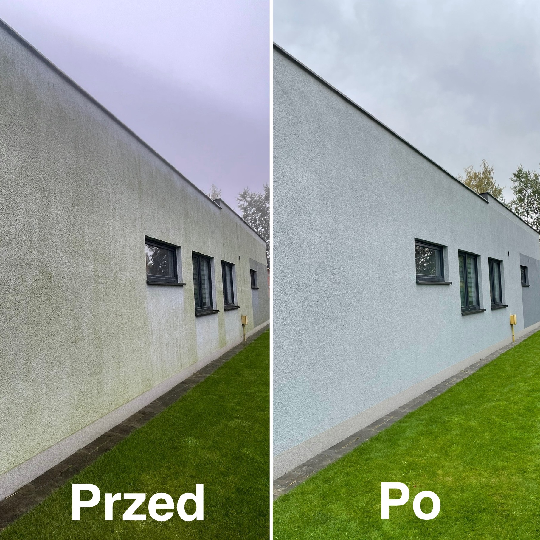 Zdjęcie elewacji domu w ujęciu 'przed i po' myciu. Lewa strona pokryta zielonym nalotem, prawa czysta, szara. Widoczne okna i trawnik. Pochmurne niebo.