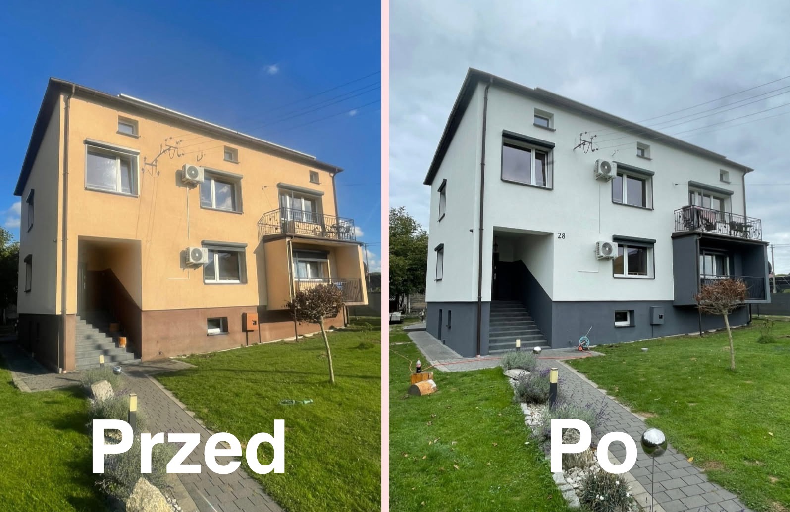 Dwukondygnacyjny dom przed i po malowaniu elewacji. Część 'Przed' w odcieniach żółci i brązu, 'Po' - biel i szarość. Widoczne zmiany kolorystyki okien i balkonu.