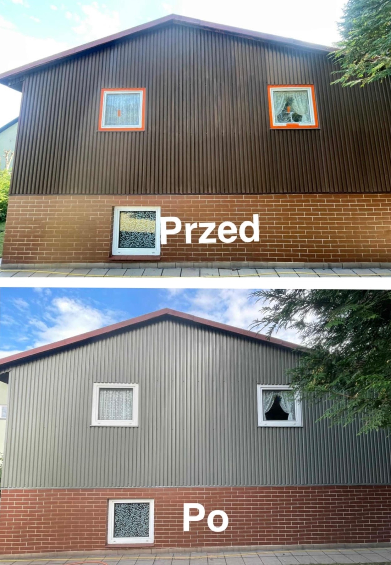 Zdjęcie elewacji budynku w układzie 'przed' (brązowa) i 'po' (szara) malowaniu. Widoczne okna z białymi ramami i ceglana podmurówka. Tekst 'Przed' i 'Po' na zdjęciu.