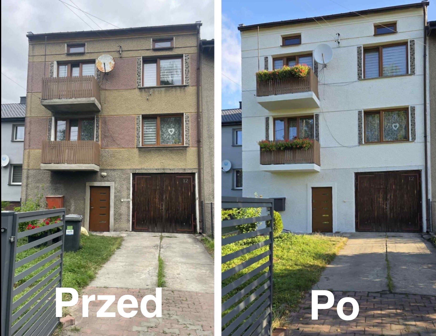 Zdjęcie 'przed i po' renowacji elewacji trzypiętrowego domu z balkonami. Widoczne odnowione okna, świeżo pomalowana fasada na biało i zadbane otoczenie.