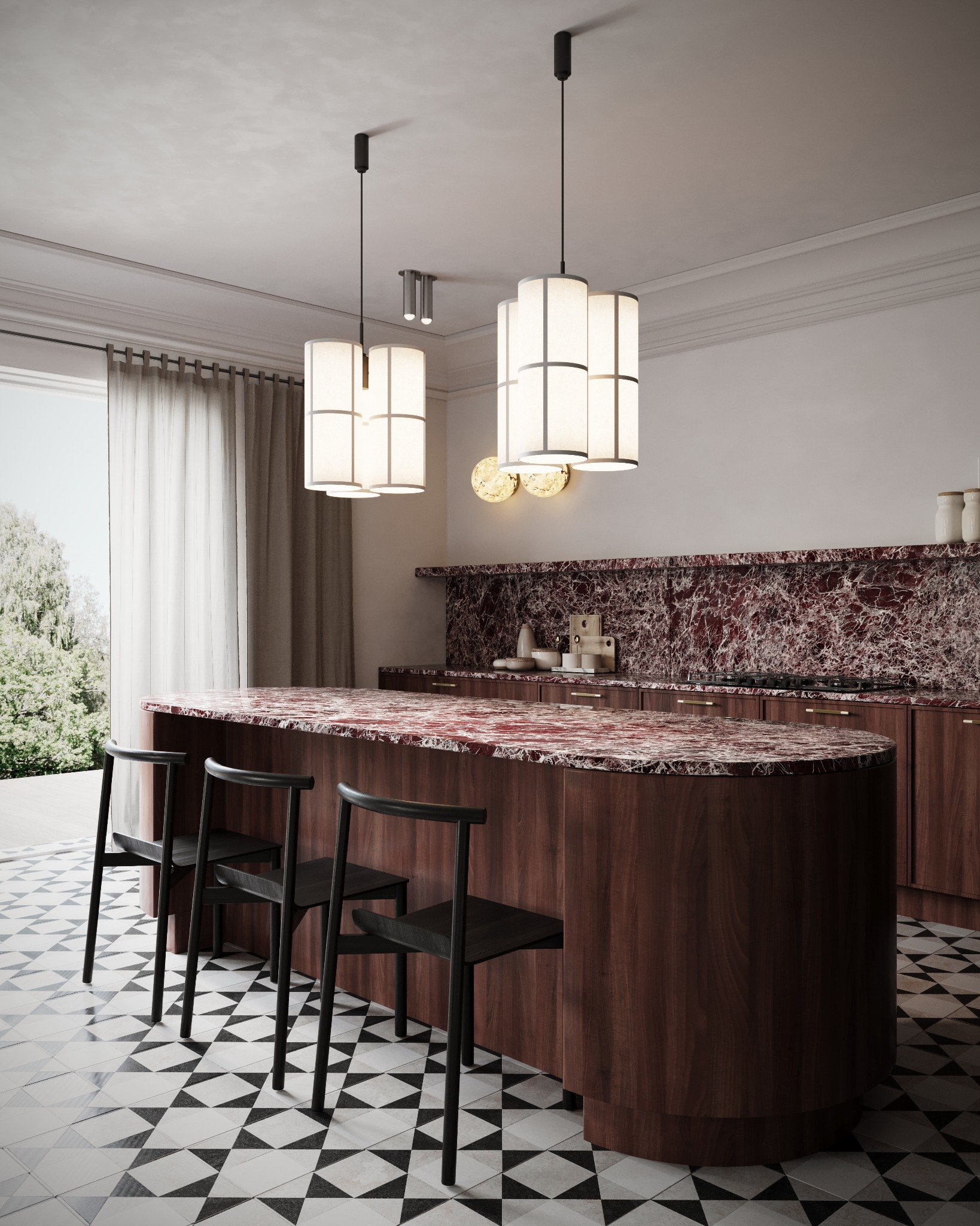 Nowoczesna kuchnia z wyspą o zaokrąglonym kształcie, wykończona marmurem w odcieniach czerwieni i brązu, z czarnymi krzesłami barowymi i podłogą w czarno-białą szachownicę. Nad wyspą wiszą dwie...