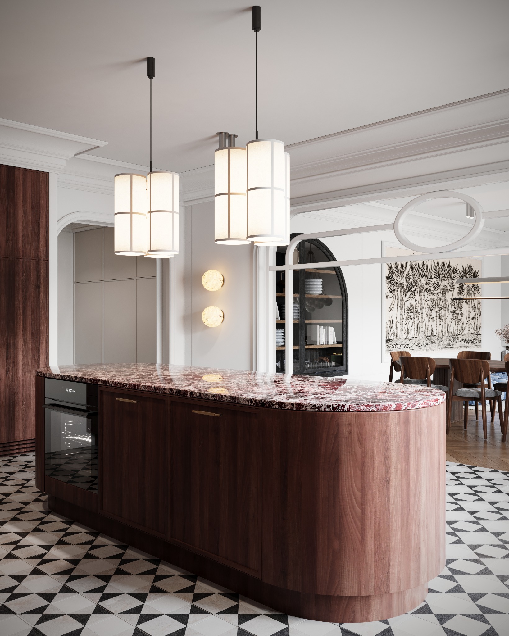 Nowoczesna kuchnia z wyspą o zaokrąglonym kształcie z blatem z czerwonego marmuru, oświetlona trzema kwadratowymi lampami wiszącymi, z widoczną jadalnią w tle.