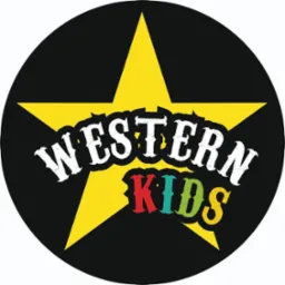 Czarno-żółte logo z biało-kolorowym napisem 'WESTERN KIDS' wewnątrz czarnego koła z żółtą gwiazdą w tle.
