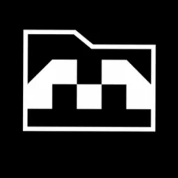 Abstrakcyjne logo w stylu folderu z szachownicą wewnątrz, białe kontury na czarnym tle.