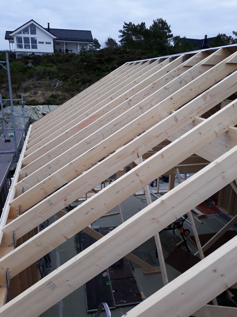 Wnętrze dachu w trakcie budowy z widoczną więźbą dachową i fragmentem domu w tle. Jasne drewno konstrukcyjne, kątowe ujęcie z dołu.