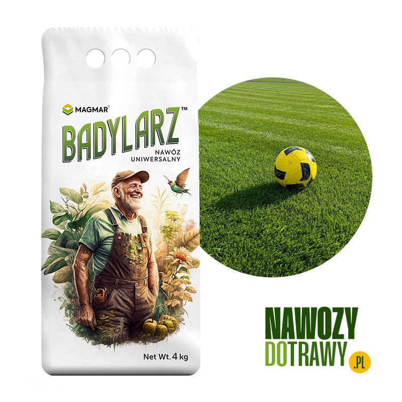 Worek nawozu uniwersalnego 'Badylarz' firmy Magmar, z ilustracją uśmiechniętego ogrodnika i kolibra, obok okrągłe ujęcie idealnie skoszonego trawnika z żółto-czarną piłką.