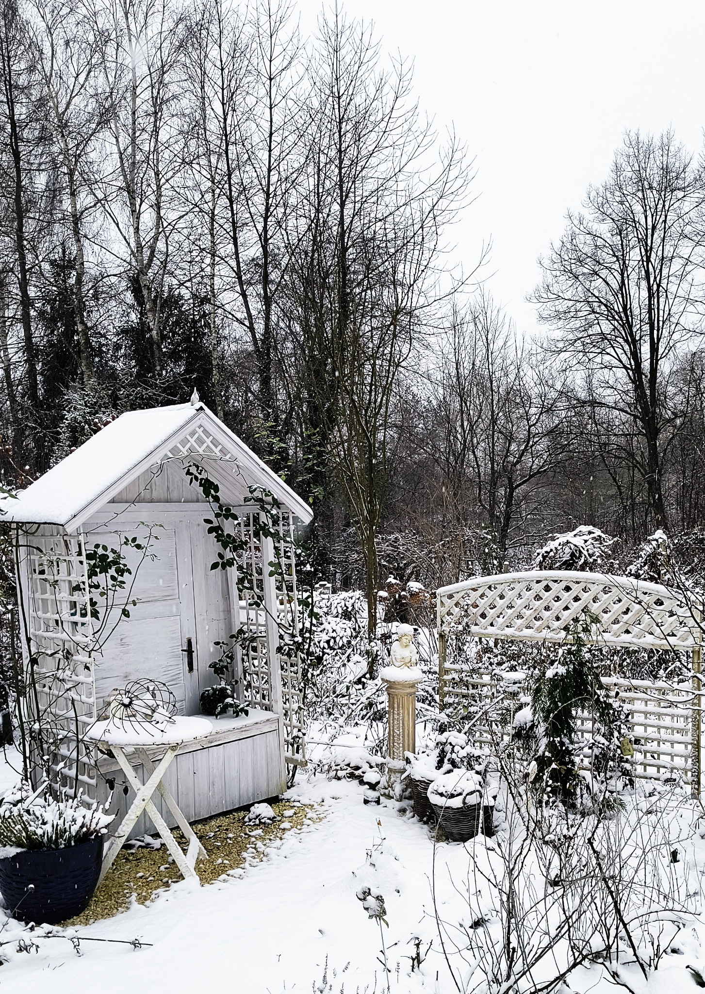 Zimowy ogród z białym domkiem narzędziowym i pergolą pokrytymi śniegiem, dekoracyjne rośliny w donicach również pod śniegiem, drzewa bez liści w tle.