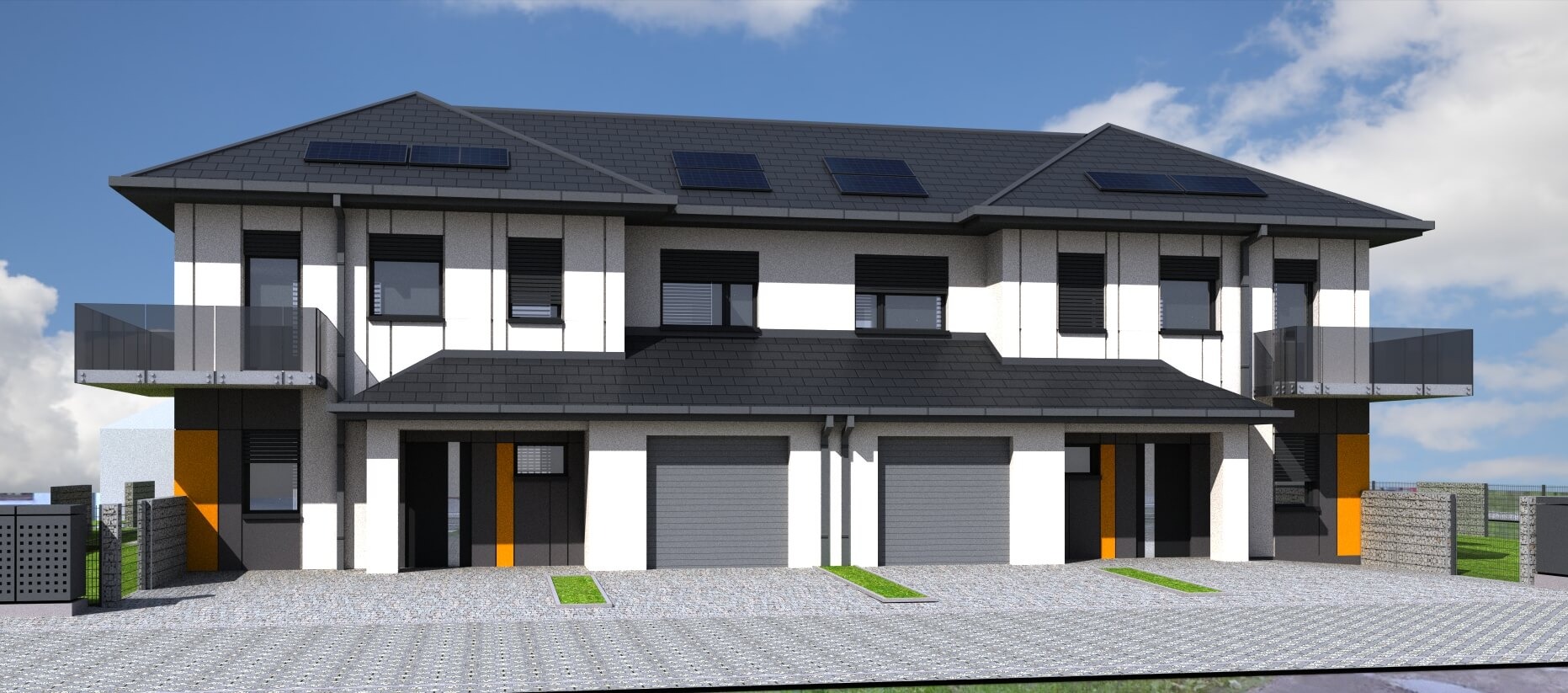 Wizualizacja dwukondygnacyjnego bliźniaka z szarą dachówką, balkonami z szklaną balustradą, bramami garażowymi i elementami dekoracyjnymi w kolorze pomarańczowym.