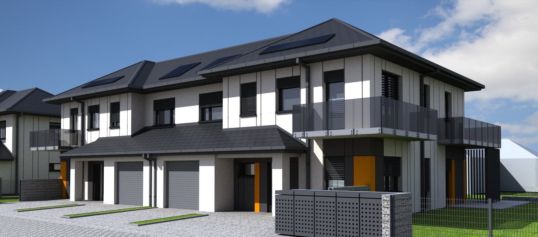 Wizualizacja szeregu nowoczesnych domów z szarymi dachami, balkonami z grafitowymi balustradami i bramami garażowymi w tym samym odcieniu, uzupełniona ażurowym ogrodzeniem z gabionów w strefie...