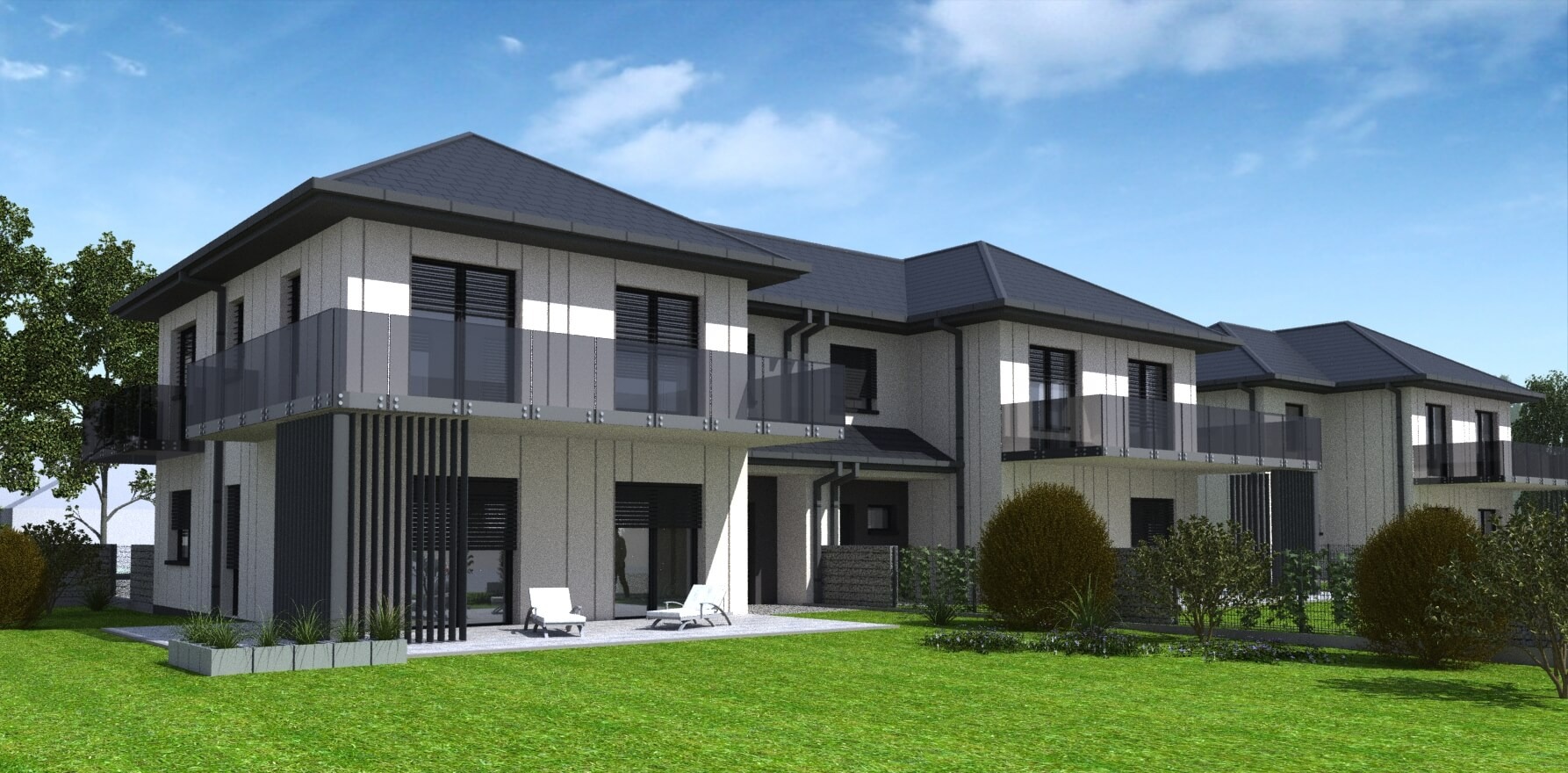 Wizualizacja szeregu nowoczesnych domów z balkonami, szarymi dachami i pionowymi panelami dekoracyjnymi, otoczonych trawnikiem i niską roślinnością.