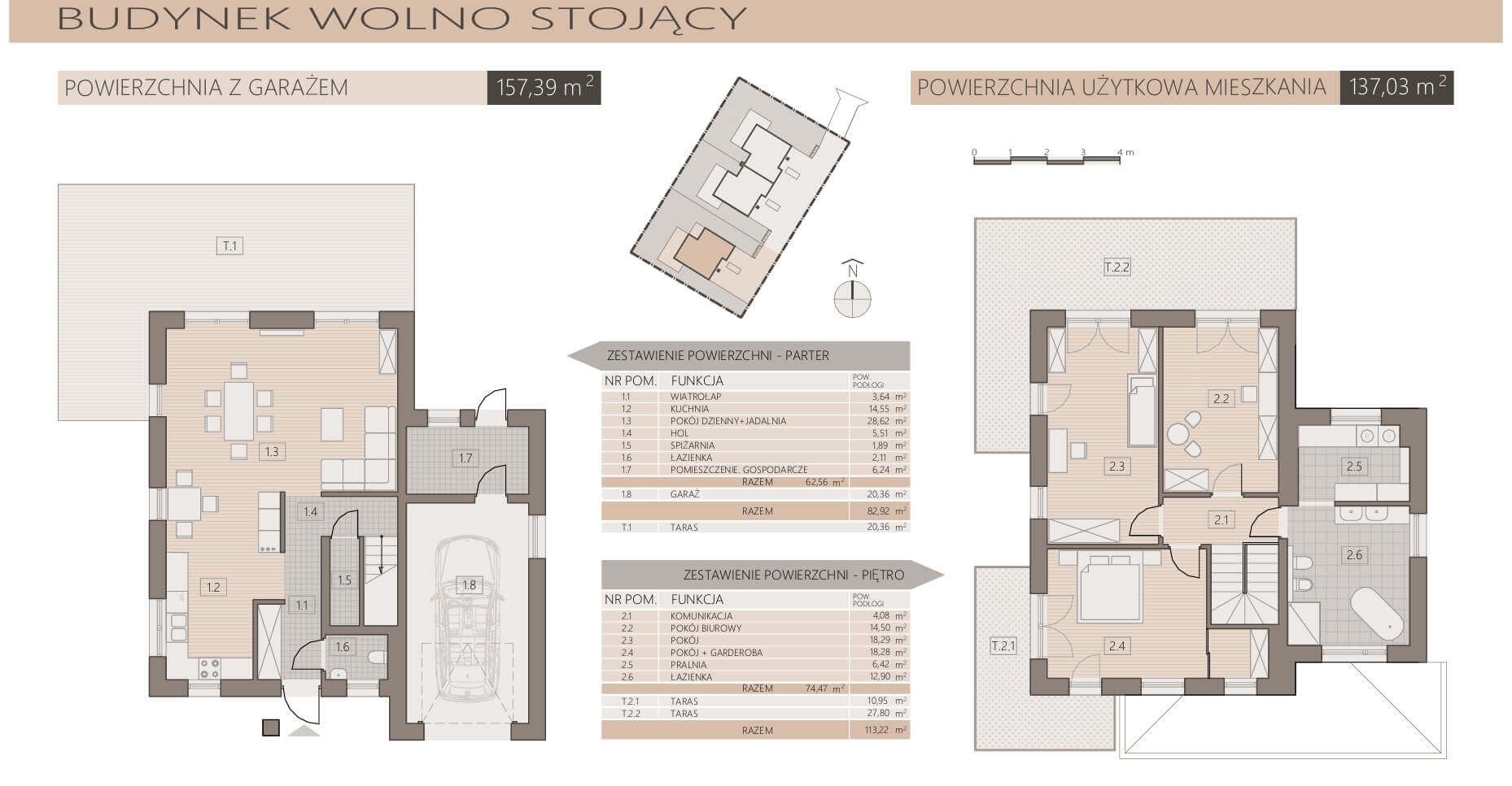 Rzut architektoniczny budynku wolnostojącego z garażem, prezentujący rozkład pomieszczeń na parterze i piętrze wraz z zestawieniem powierzchni użytkowych.