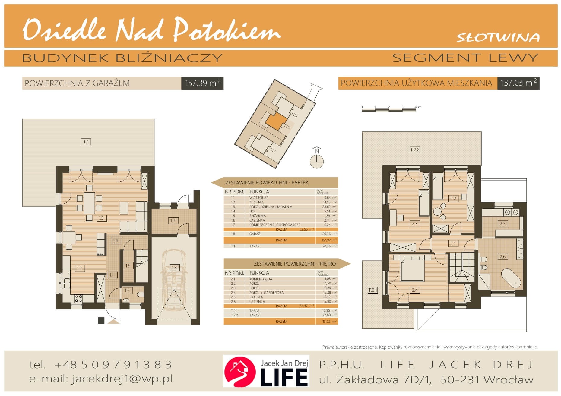 Rzut poziomy segmentu lewego budynku bliźniaczego Osiedla Nad Potokiem, Słotwina, z zaznaczeniem powierzchni poszczególnych pomieszczeń na parterze i piętrze, wraz z tarasami i garażem.
