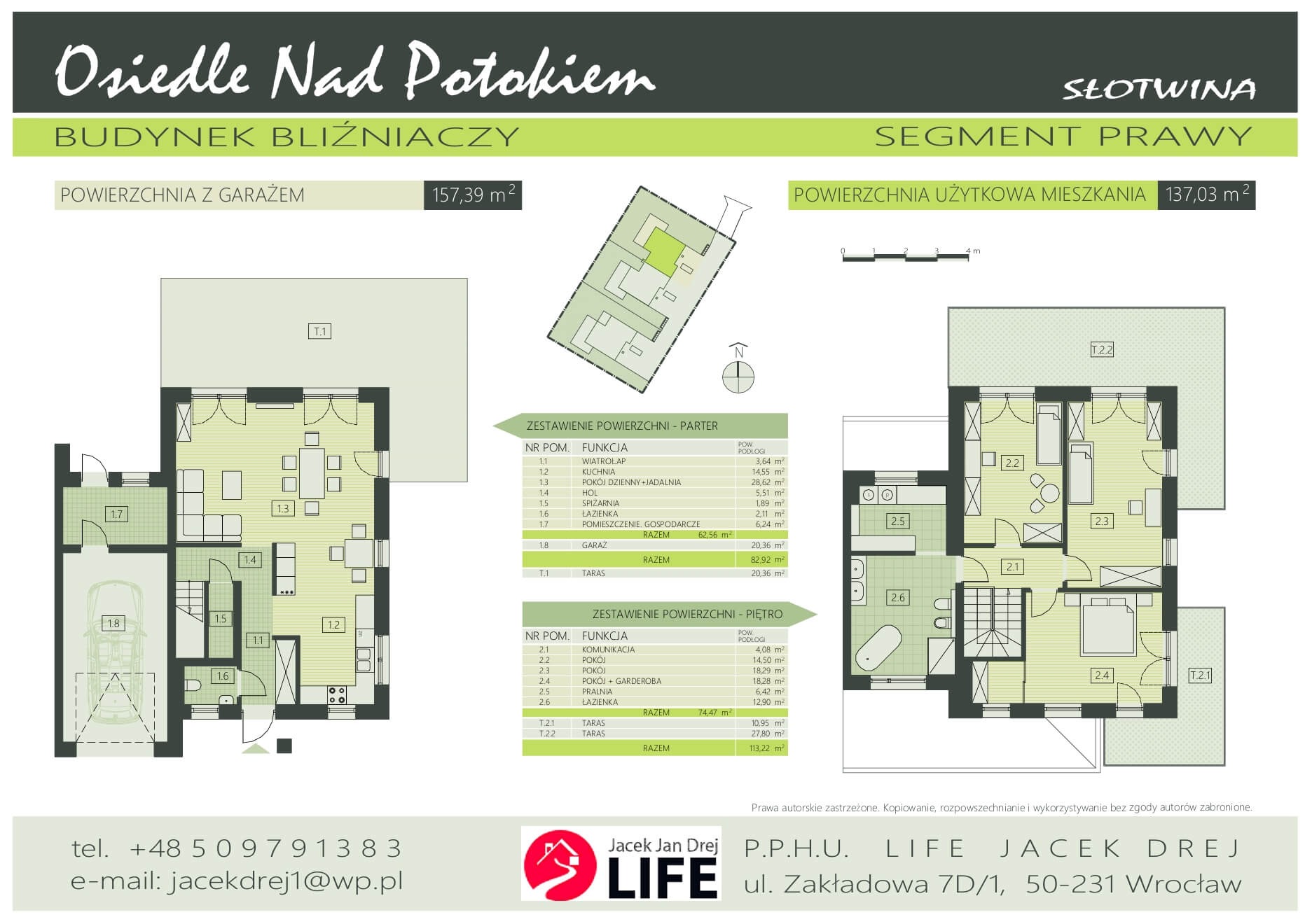 Plan architektoniczny segmentu prawego budynku bliźniaczego z osiedla 'Nad Potokiem' we Wrocławiu, prezentujący rozkład pomieszczeń na parterze i piętrze wraz z zestawieniem powierzchni.