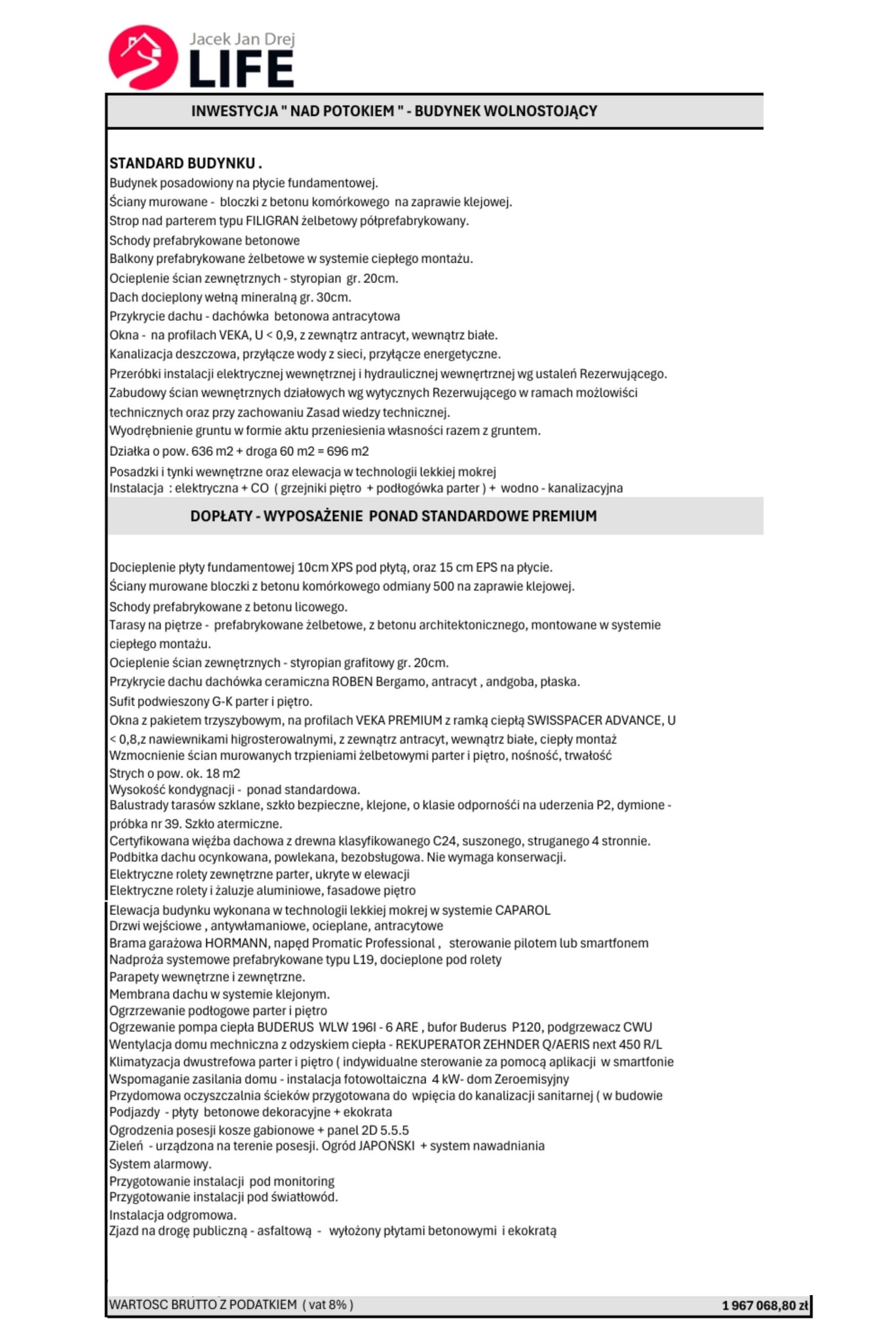 Specyfikacja techniczna budynku wolnostojącego z instalacjami, ogrodzeniem gabionowym i ogrodem japońskim.