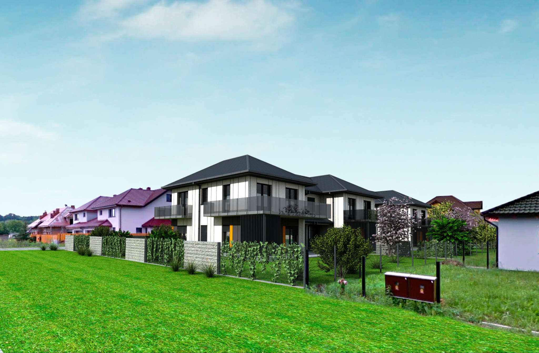 Wizualizacja osiedla domów jednorodzinnych z nowoczesnymi ogrodzeniami: gabionowe z elementami roślinnymi i siatkowe, otoczone zielonym trawnikiem.