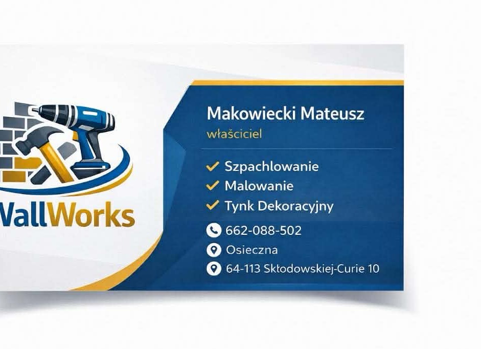 Wizytówka firmy WallWorks z ikoną młotka i wiertarki na tle muru, oferującej szpachlowanie, malowanie i tynk dekoracyjny. Kontakt: 662-088-502, Osieczna.