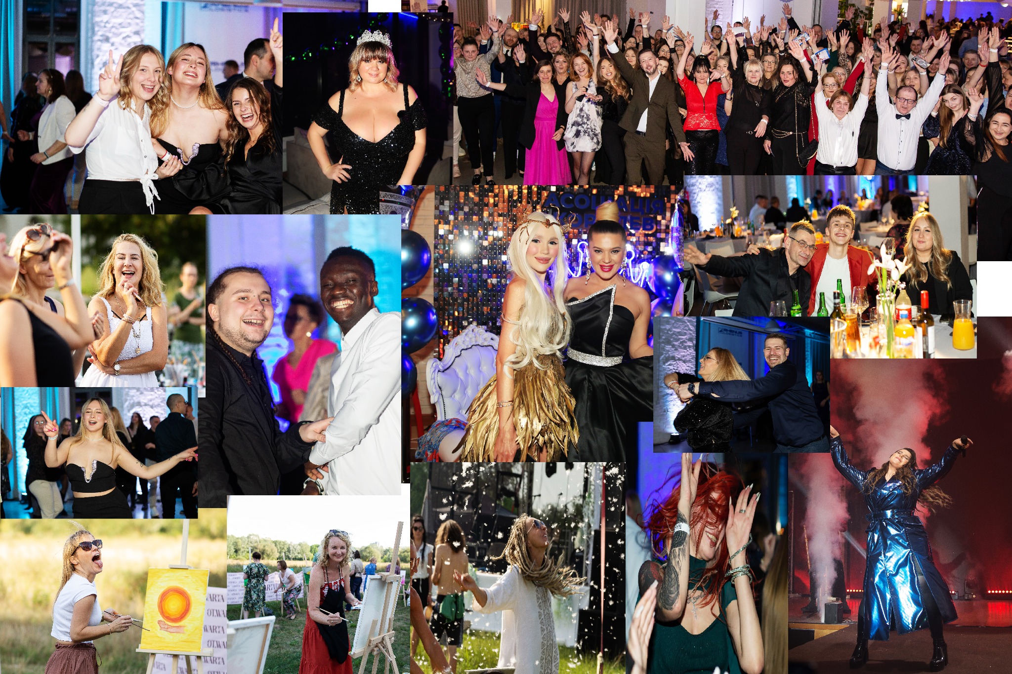 Mozaika zdjęć z różnych wydarzeń: impreza firmowa, koncert, malowanie plenerowe, sesja zdjęciowa. Różnorodne ujęcia i stylizacje, dynamiczne sceny i portrety.