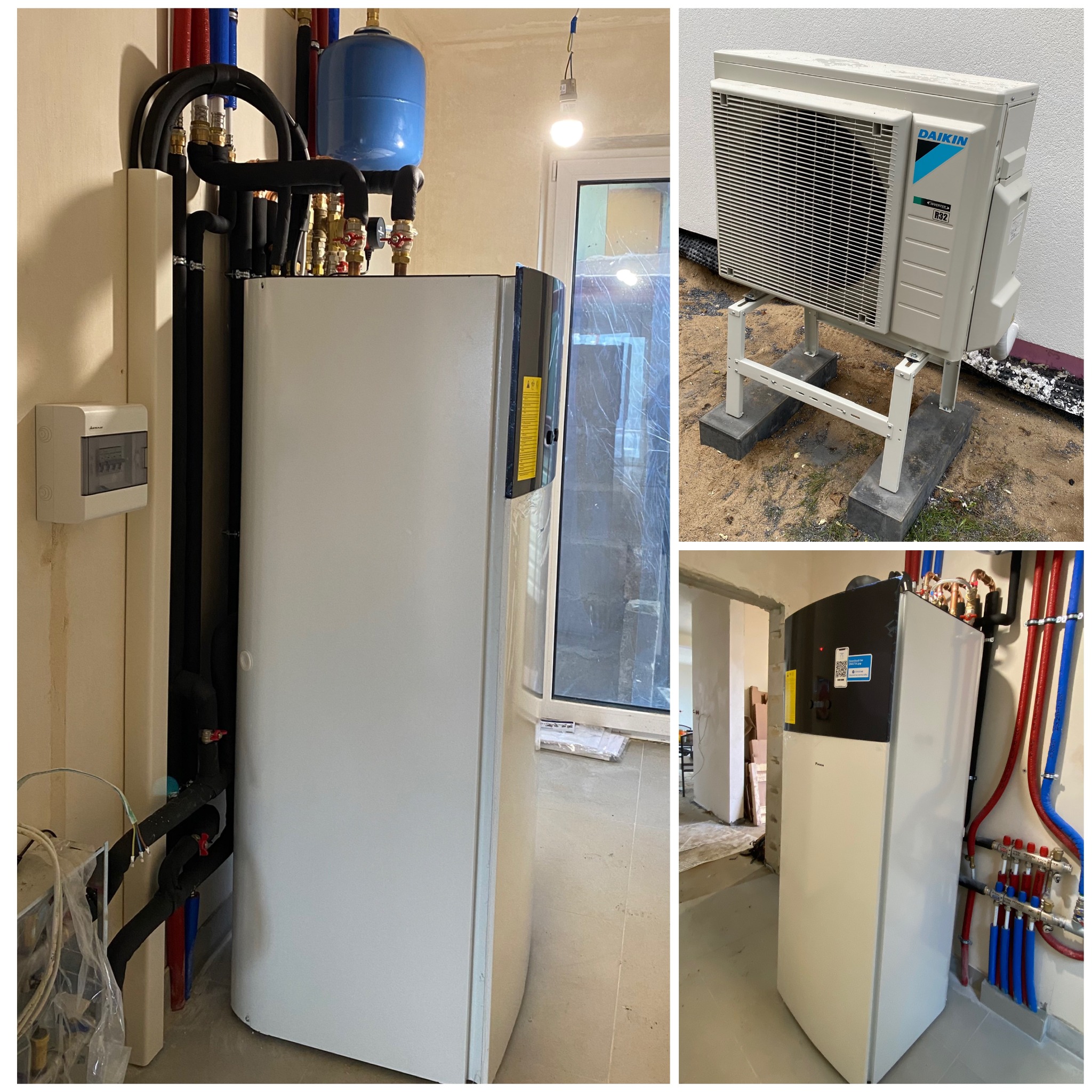 Zestawienie zdjęć: wewnętrzna i zewnętrzna jednostka pompy ciepła Daikin, instalacja hydrauliczna z rurami w kolorach niebieskim i czerwonym, skrzynka elektryczna na ścianie, okno z folią ochronną.