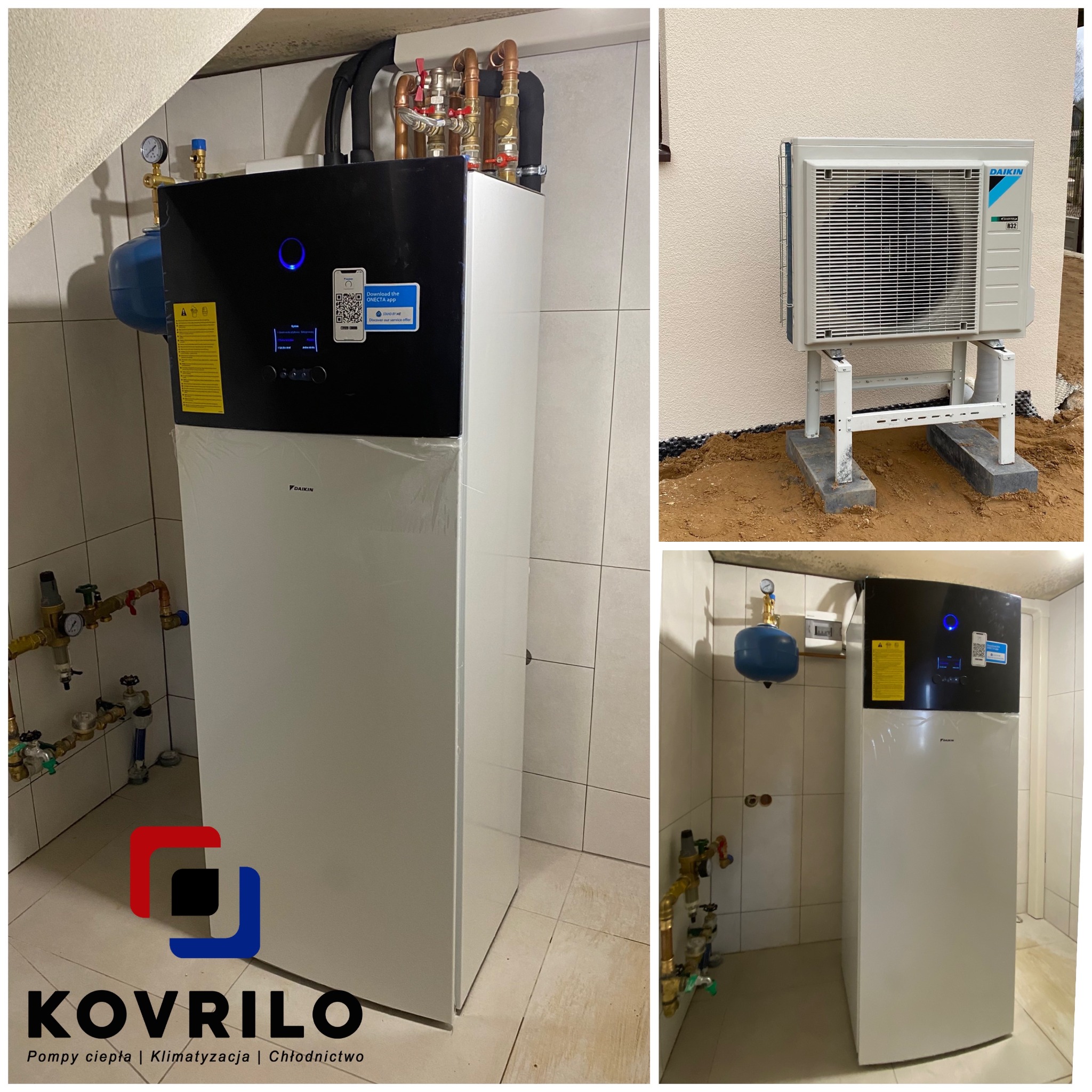 Kompaktowa pompa ciepła Daikin w pomieszczeniu technicznym z widocznymi rurami i zaworami, oraz jednostka zewnętrzna na betonowych podstawach przy budynku z ociepleniem.