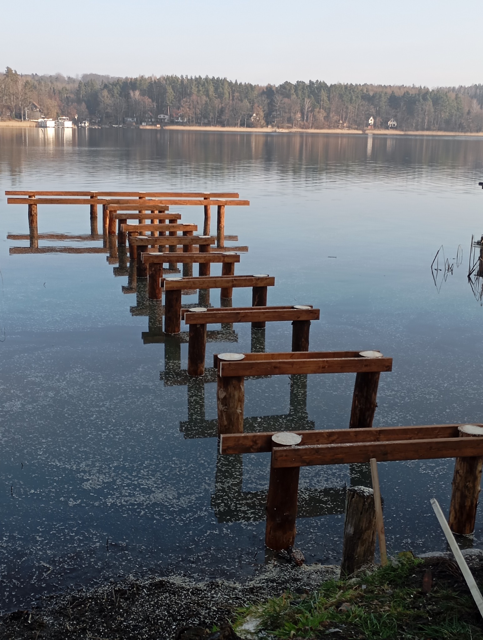 Konstrukcja pomostu z ciemnego drewna na jeziorze, widoczne słupki i poprzeczki, w tle las i budynki.