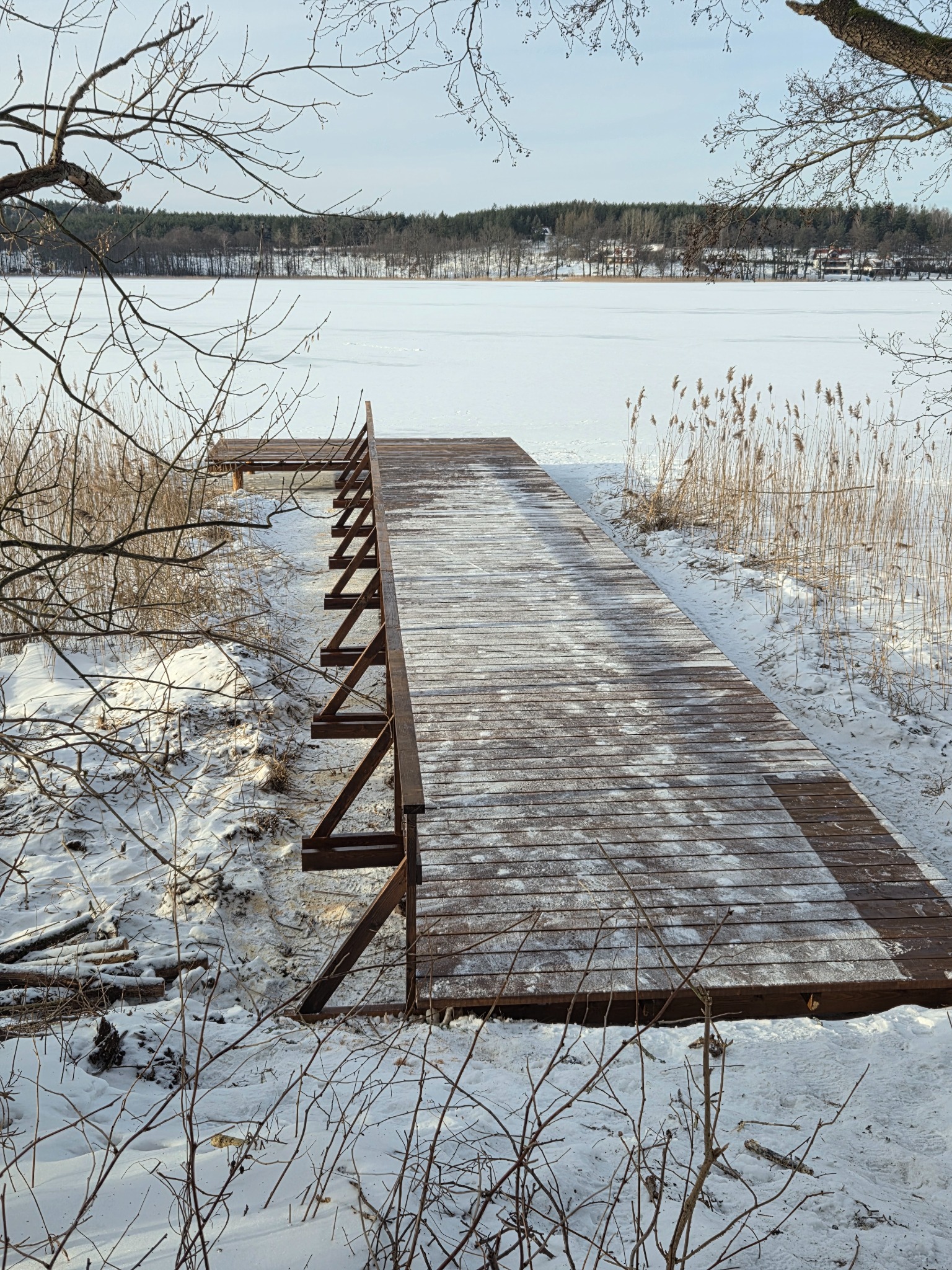 Zimowy krajobraz z drewnianym pomostem prowadzącym w głąb zamarzniętego jeziora. Konstrukcja pomostu z brązowych belek, śnieg na deskach. W tle las i błękitne niebo.