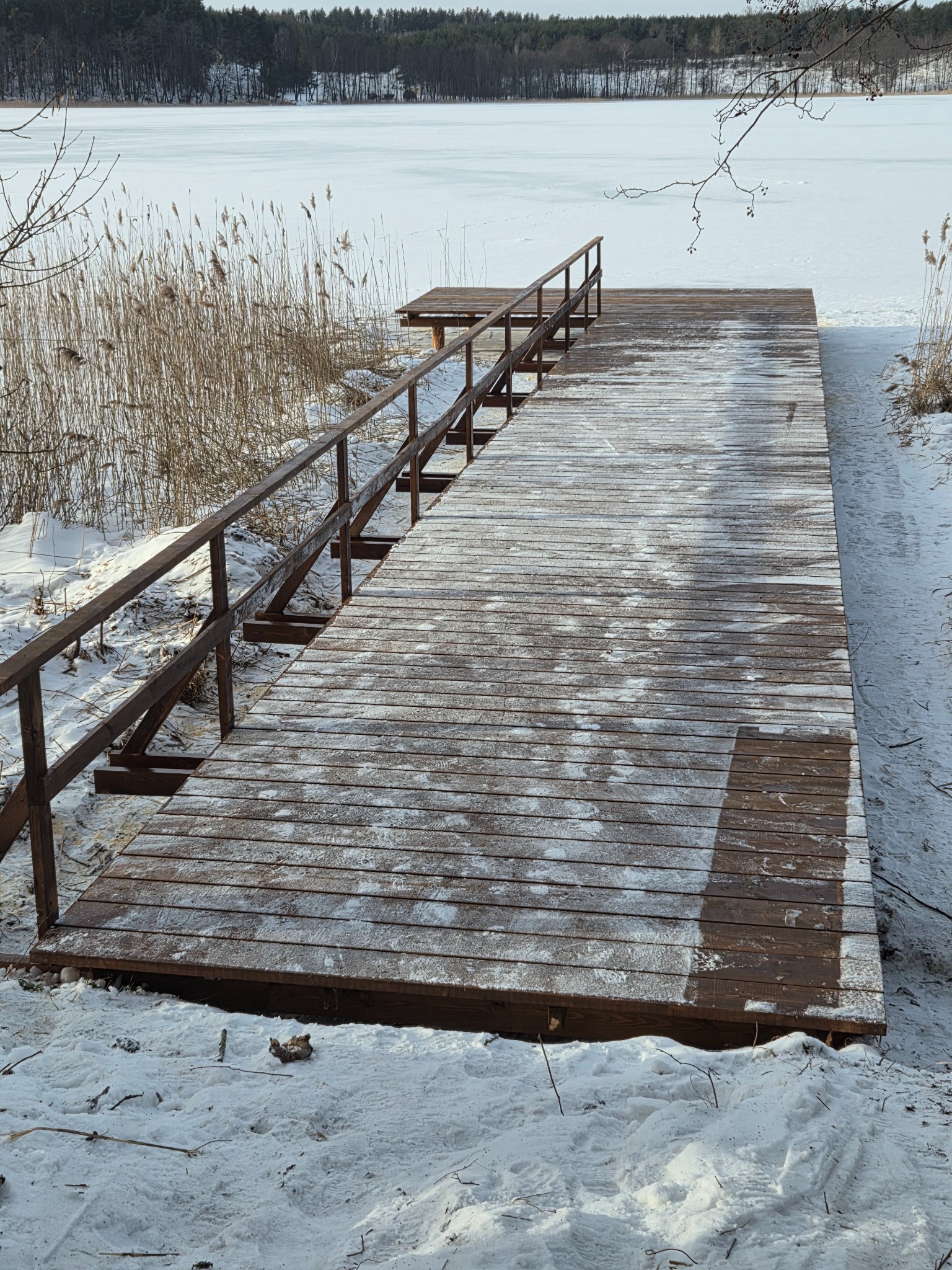 Zimowy krajobraz z drewnianym pomostem prowadzącym w głąb zamarzniętego jeziora. Pomost z balustradami, pokryty śniegiem, otoczony trzcinami i śnieżnym brzegiem.