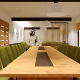 Wizualizacja przestronnej sali konferencyjnej z długim drewnianym stołem i zielonymi krzesłami, z portretem na ścianie i trzema lampami wiszącymi.